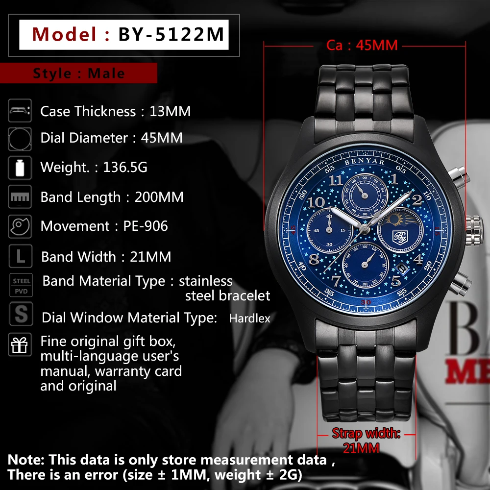 BENYAR брендовые стальные мужские часы Бизнес водонепроницаемые кварцевые спортивные часы для мужчин синий циферблат Мужские часы Часы relogio