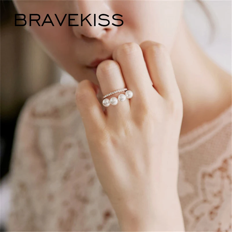 BRAVEKISS 2 цвета двухслойные Элегантные кольца с искусственным жемчугом Роскошный CZ