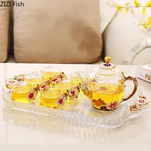 Креативный прозрачный стеклянный чайный сервиз, чайная чашка с цветами, набор из семи предметов в китайском стиле, домашний чайный сервиз
