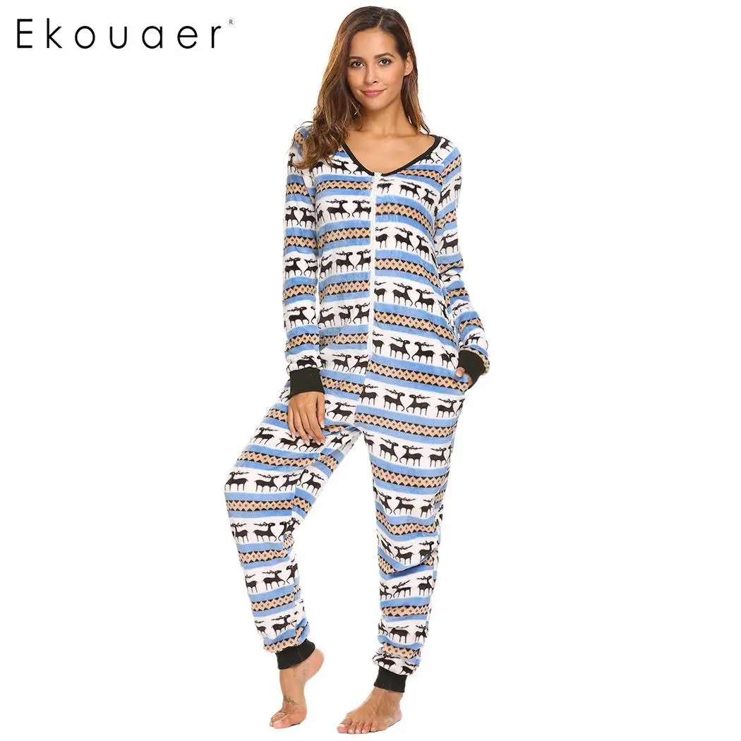 

Ekouaer Women Fleece Pajamas Onesie Sleepwear Long Sleeve V-Neck Christmas Print Casual Female Home Nighty Clothes Autumn Winter