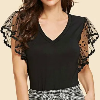 

Black Lace Patchwork Top 2019 Women Summer Elegant V-Neck Solid Stretchy Mesh Short Sleeves Top Blouse
