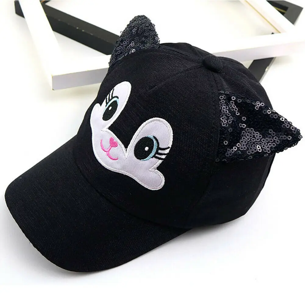 

Kids Children Girls Cartoon Baseball Cap Visor Sequins Cat Ears Snapback Sun Hats Black Gray Pink White