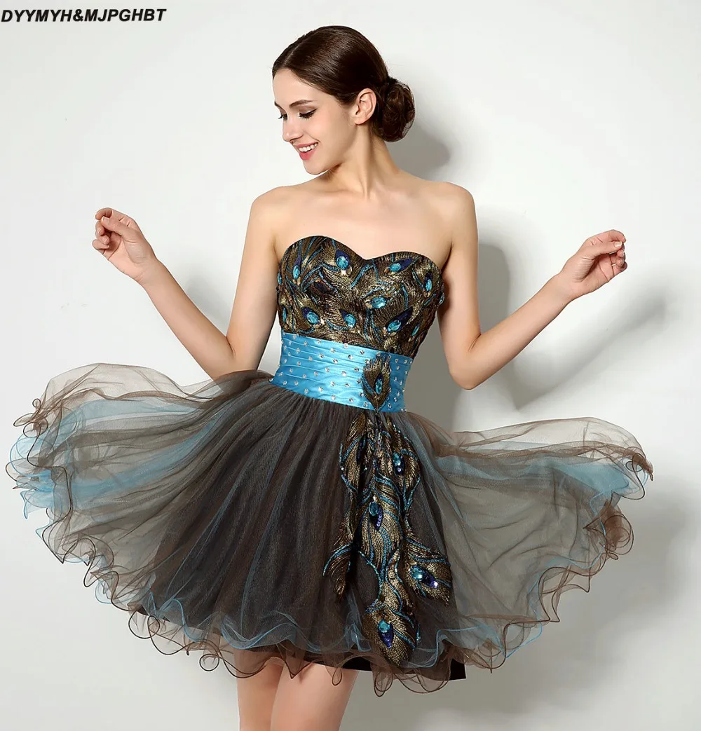 

Charming Peacock Feather Homecoming Dresses Sweetheart Knee Length Little Black Cocktail Dress