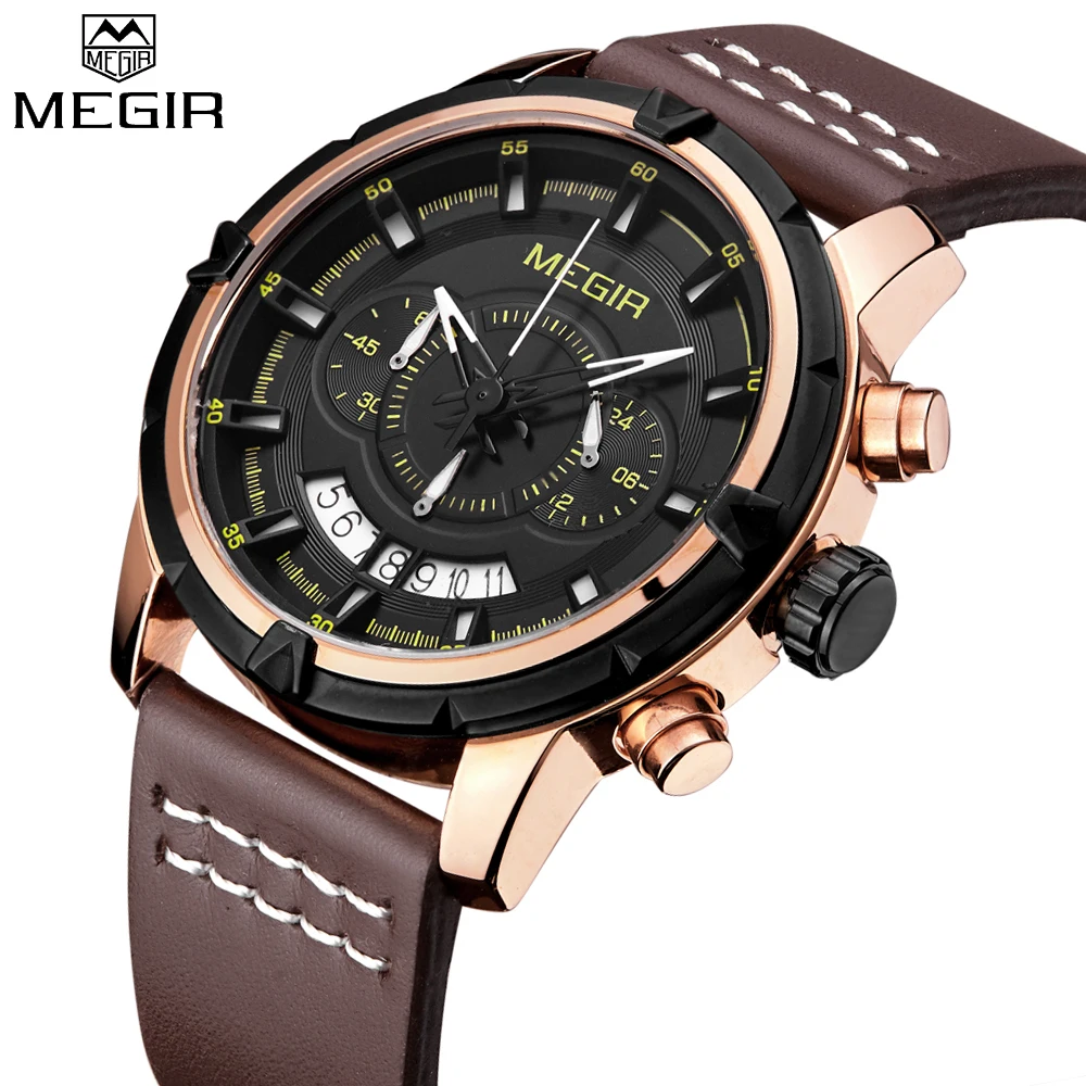 MEGIR Casual Chronograph Mens Watches Top Brand Luxury Leather Gold Watch Men Quartz Sports