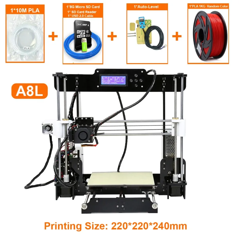 Anet A8 i3 Impresora 3d принтер Высокая точность Imprimante 3D DIY комплект с алюминиевым Экструдером горячей SD карты строительные инструменты нити - Цвет: A8L With 1KG PLA