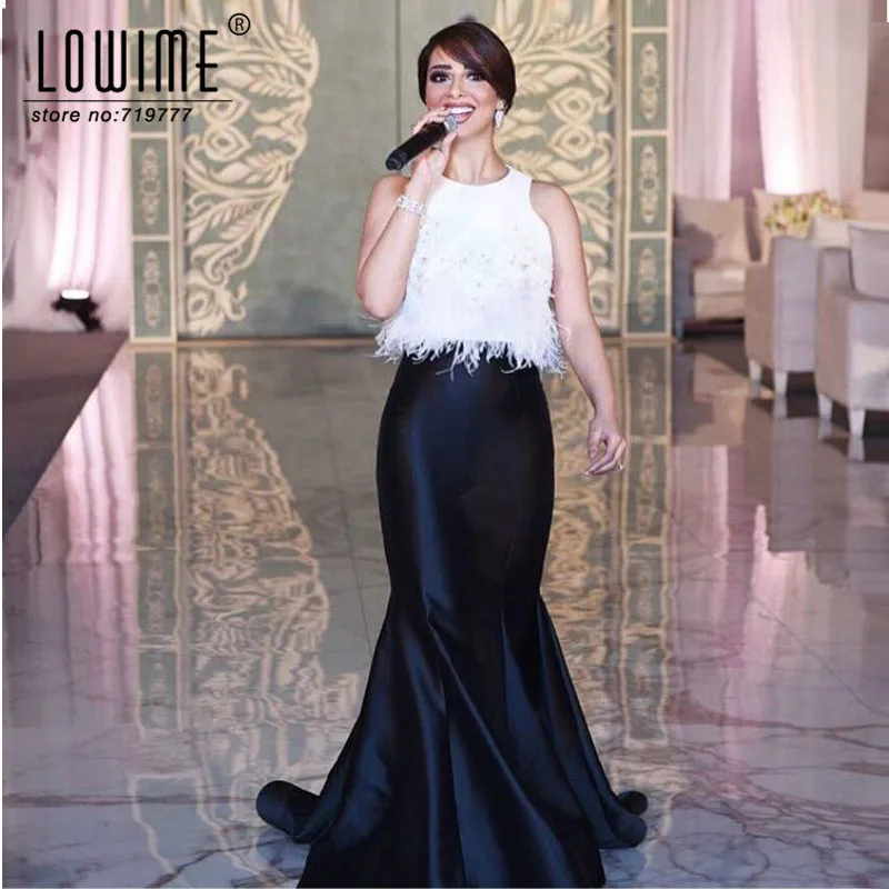Long-Mermaid-Black-and-White-Arab-Evening-Dresses-2017-with-Feather-Satin-Women-Evening-Gowns-