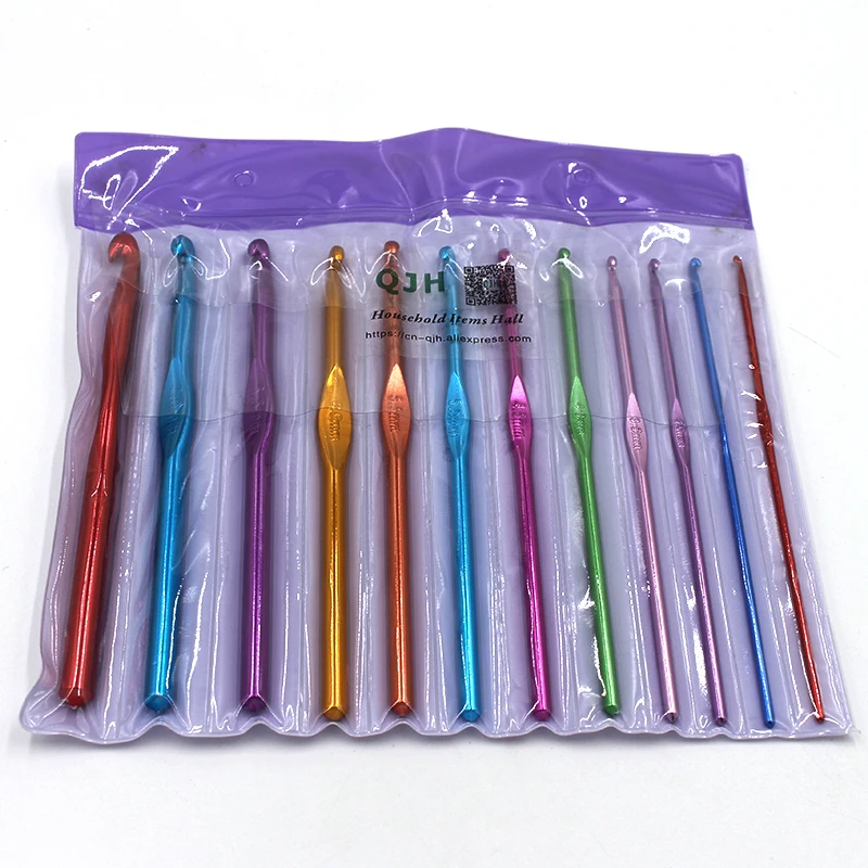 

High Quality 12Pcs/set Multicolor Aluminum Crochet Hooks Needles Knit Weave Craft Yarn For Hand Crochet Knitting Tools 12 Size