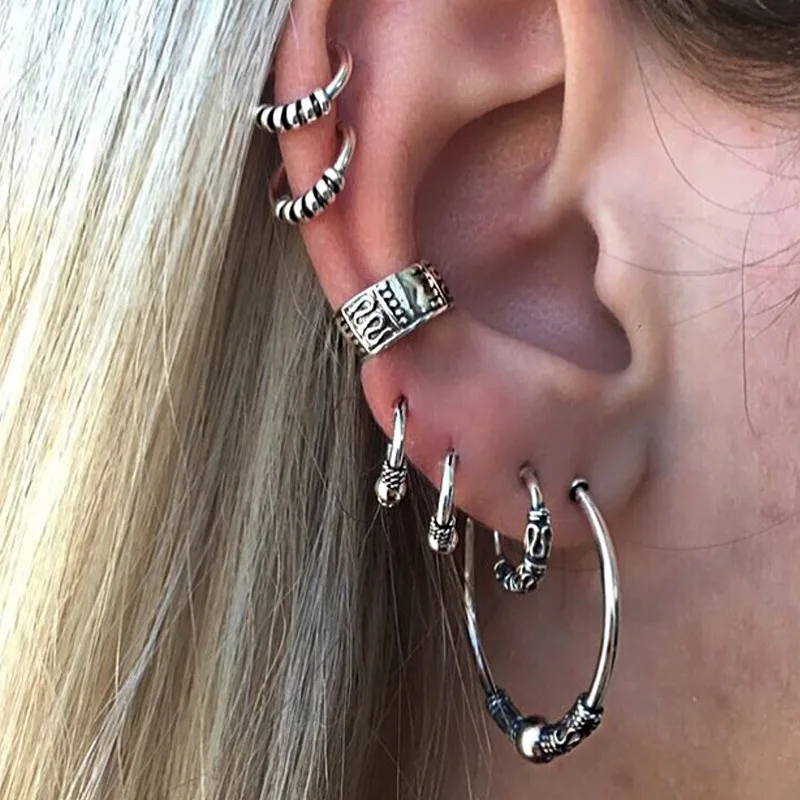 

7 pc/Set Antique Silver Color Circles Hoop Earrings Set For Women Round Loop Earring Ear Cuff Clip Bohemian Jewelry Pendientes