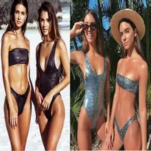 Bling Sequins PU Leather Sexy Two-Piece Bathing Suits Women Push-up Black Silver Monokini Swimsuit Triangle Swimwear Bikini Set
