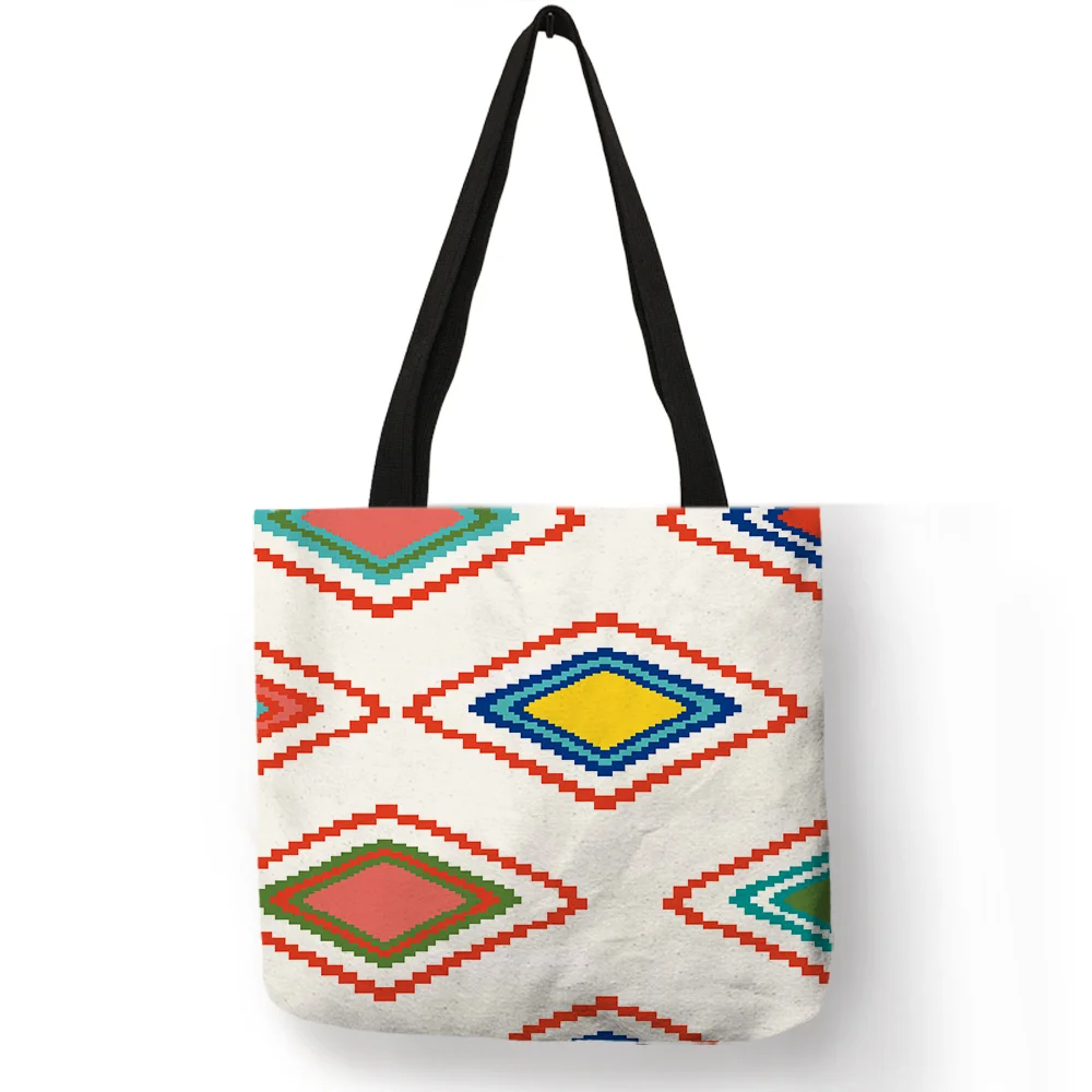 

Multi Color Diamond Shape Print Design Unisex Casual Tote Bag Double Side Print Durable Linen Handbag Fashion Handmade Accessory