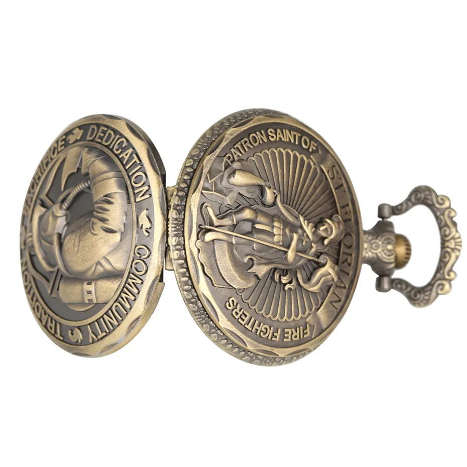 Bronze Fire Fighter Quartz Pocket Watch Fob Chain Necklace Pendant