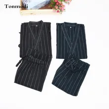 Кимоно Пижама для Для мужчин хлопчатобумажная ткань кимоно полосатый халат с короткими рукавами шорты пижамы Для мужчин лаунж-Пижама комплект