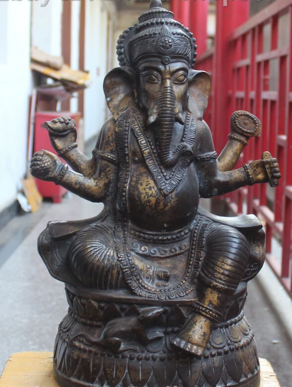 

shitou 003274 19" Old Tibet Buddhism Bronze Gilt 4 Arms Elephant Ganesh Mammon Buddha Statue