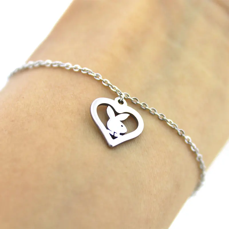 Подарок для нее-кролик в сердце браслет из нержавеющей стали браслеты для влюбленных пар женщин девушек модные украшения подарки на удачу - Окраска металла: steel Bracelet