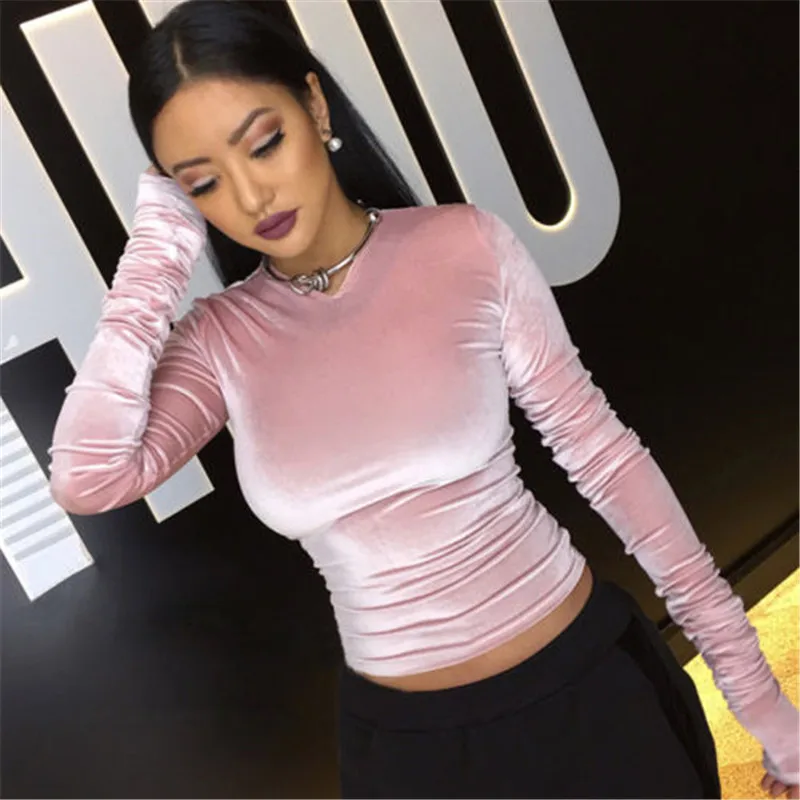 

New Fashion Women Autumn Spring Sexy T-shirt Tops Long Sleeve Soft Velvet Bandage Sexy Clothes For Ladies Grace Female Slim Tops