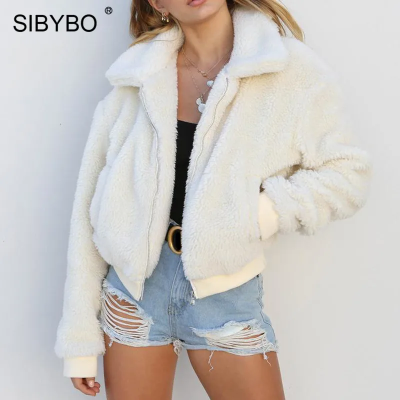 buy SIBYBO Teddy Cozy Warm Winter Jacket Women Long Sleeve Pockets Slim Women Coats and Jackets Solid C