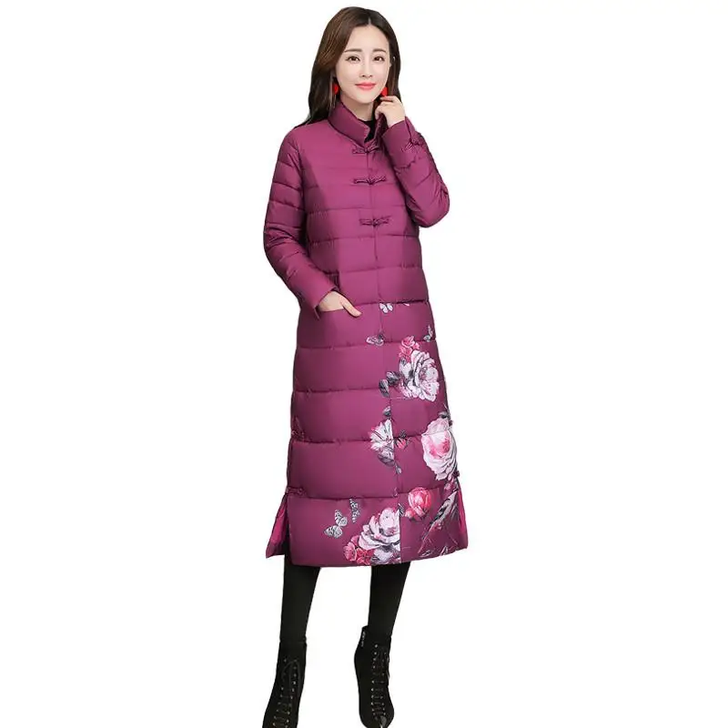 

Women Winter Flower Print Long Jackets Female Slim Casual Vintage Chinese Style Cotton Coat Lady Thick Warm Jacket Overcoat V358