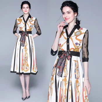 

women woman ladies Designer summer Vintage Floral lace sleeve V-neck belt runway slim work party beach Casual midi dress clothes