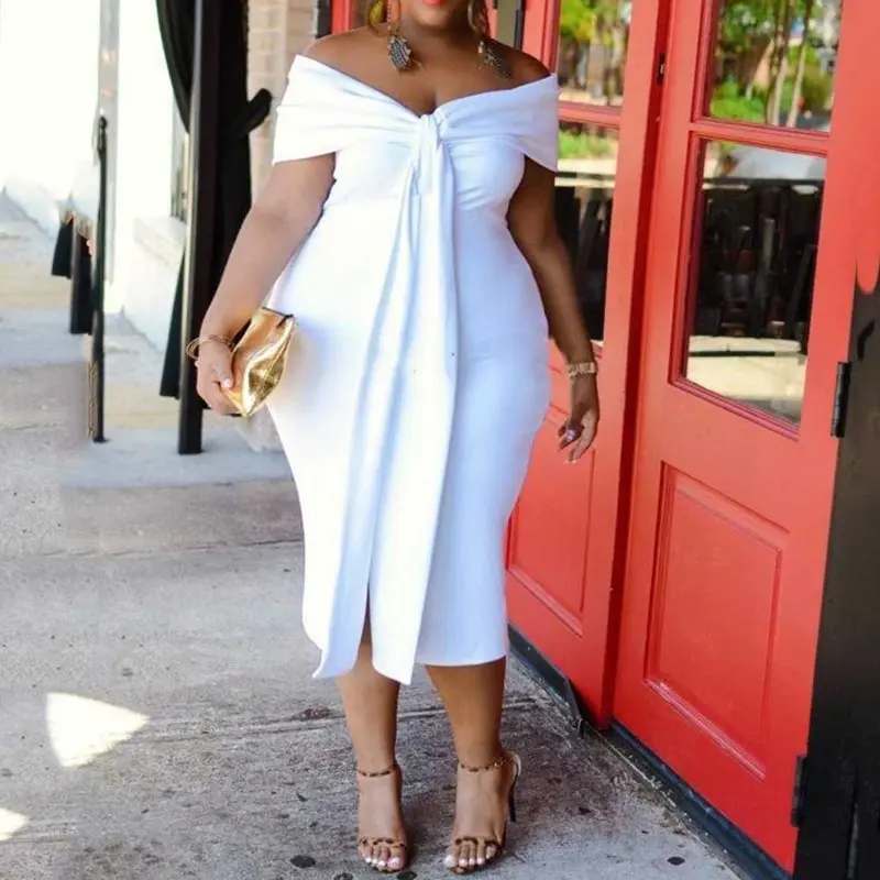

Plus Size Party Sexy Club White Summer Women Midi Dresses Casual Bodycon Off Shoulder Backless African Female Fashion Chic Dress