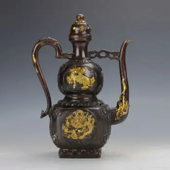 

Old Peiking Brass Gilt Handwork Carved Dragon Motif Teapot W Qianlong mark