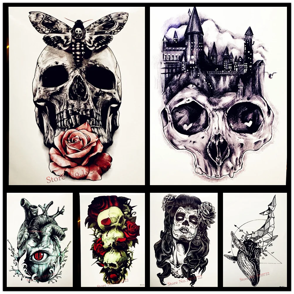 GoldOcean Henna Skull Moth Flower Temporary Tattoo GoldOcean Henna Skull Moth Flower Temporary Tattoo