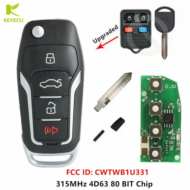 

KEYECU Replacement Upgraded Flip Remote Car Key Fob 315MHz 4D63 80 BIT Chip for Ford/Lincoln/Mercury FCC ID: CWTWB1U331