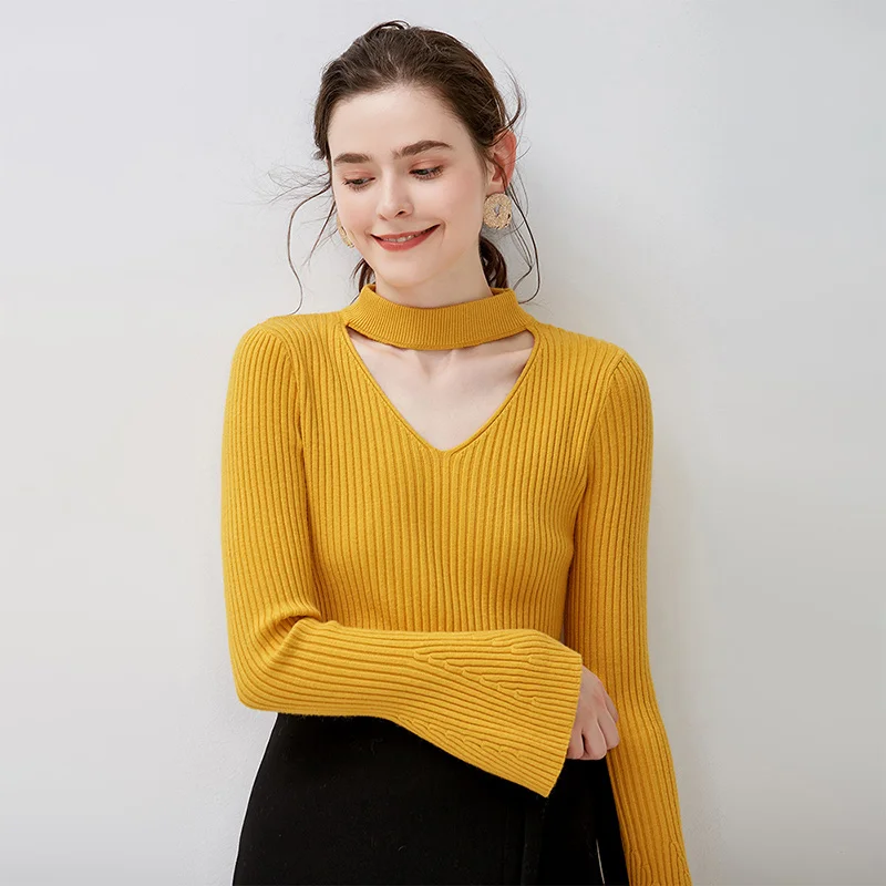 GOPLUS 2019 Fashion Winter Knitted Sweater Women Solid Sexy Halter Neck Flare Sleeve Sweater Female Pullover Casual Sweater Top