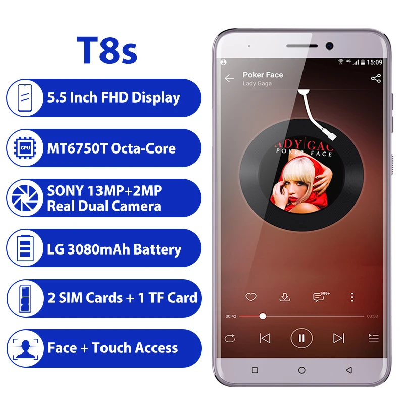 Смартфон с 5 дюймовым дисплеем LEAGOO T8s восьмиядерный процессор MTK6750T Face ID ОЗУ 4 Гб