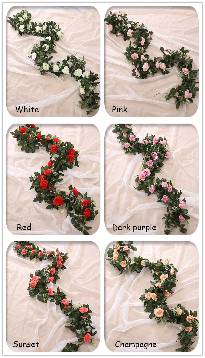 Шелковая искусственная Роза, Висячие цветы для украшения стен, ротанг, искусственные растения, листья, гирлянда, романтическое свадебное украшение для дома