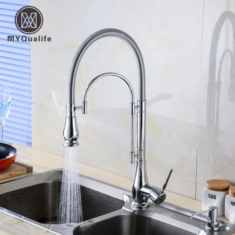 Polished Chrome Deck Mount Chrome Kitchen Sink Faucet Spring Bar Kitchen Mixer Taps Single Lever