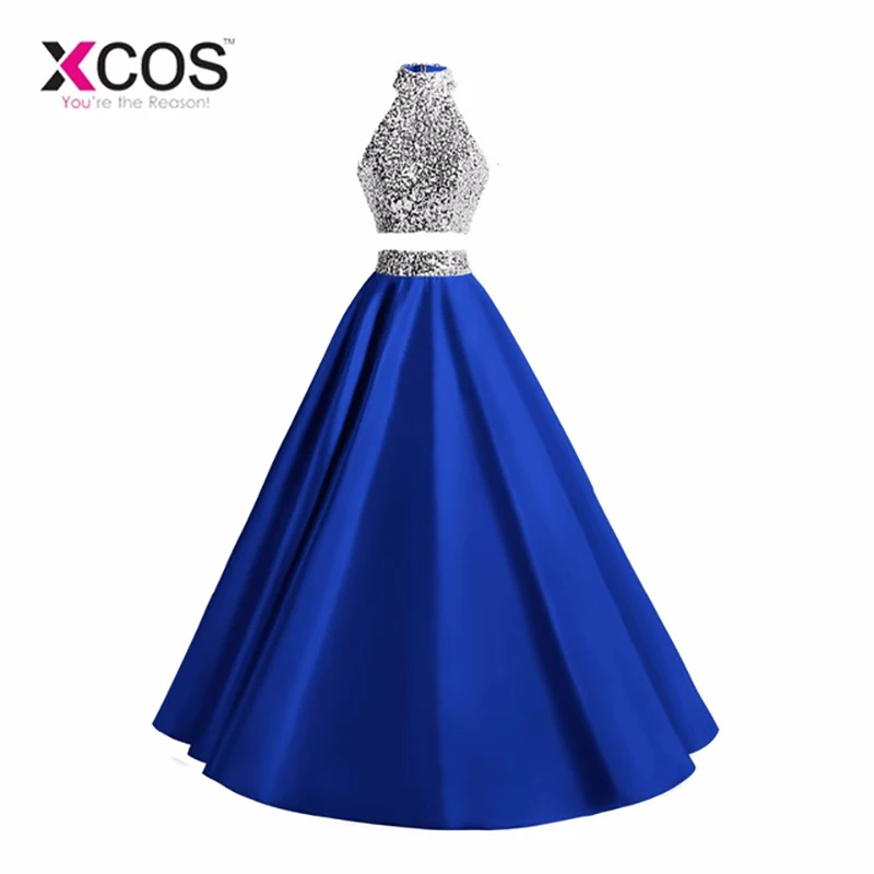 Королевские синие длинные элегантные платья для выпускного вечера vestido gala атласные Холтер бисером импортируемые Платья для вечеринок из двух частей платья для выпускного вечера