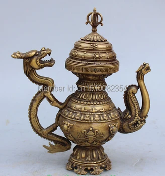 

12"Tibetan Buddhism Bronze auspicious symbol Dragon Wine Tea Pot Flagon Statue