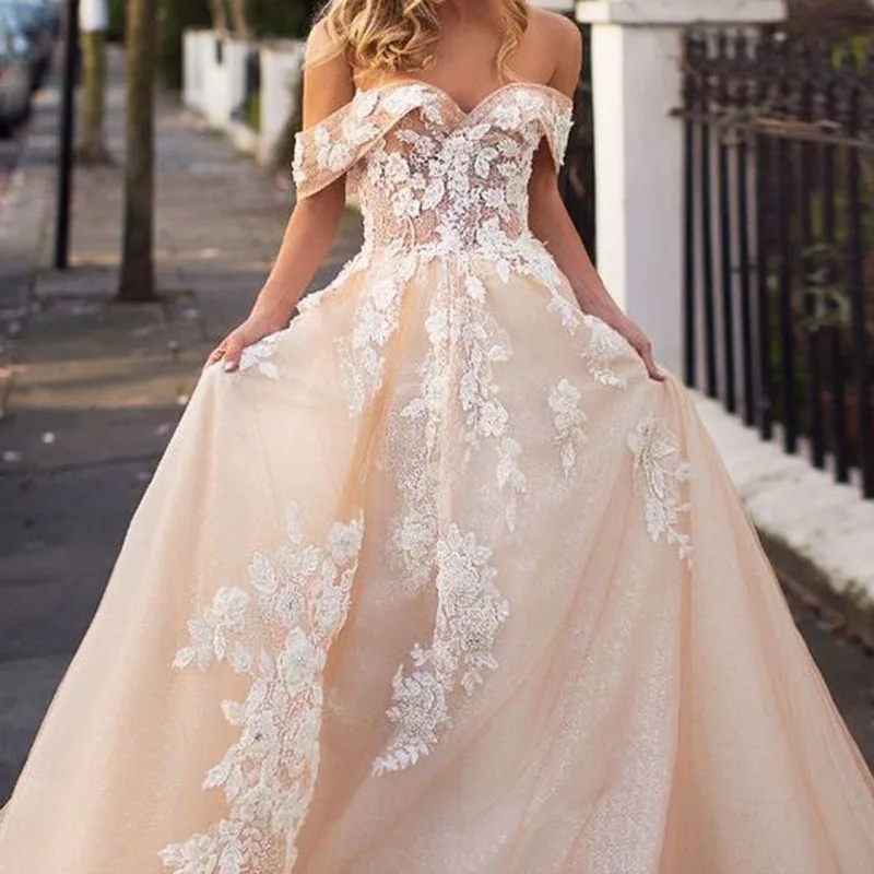 Милое Свадебное платье цвета шампань Vestido de Noiva Robe de Mariee с открытыми плечами с кружевом свадебное платье с аппликацией