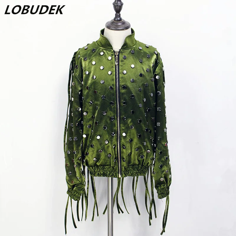 

Dark Green Red Black Baseball Coat Cool Rivet Tassels Jacket Outerwear Nightclub Punk DJ Singer Rock Hip Hop Rap Dance Show Wear