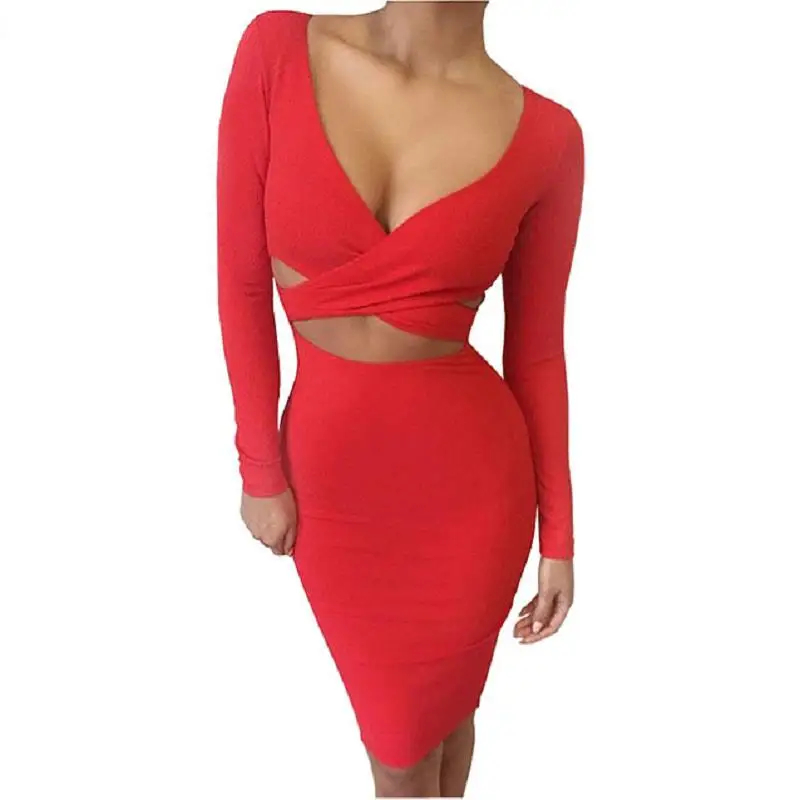 ADEWEL 2017 Autumn Long Sleeve Hollow Out Sexy Club Bandage Bodycon Dress Velvet Inside Elastic Elegant Pencil Party Dresses (1)