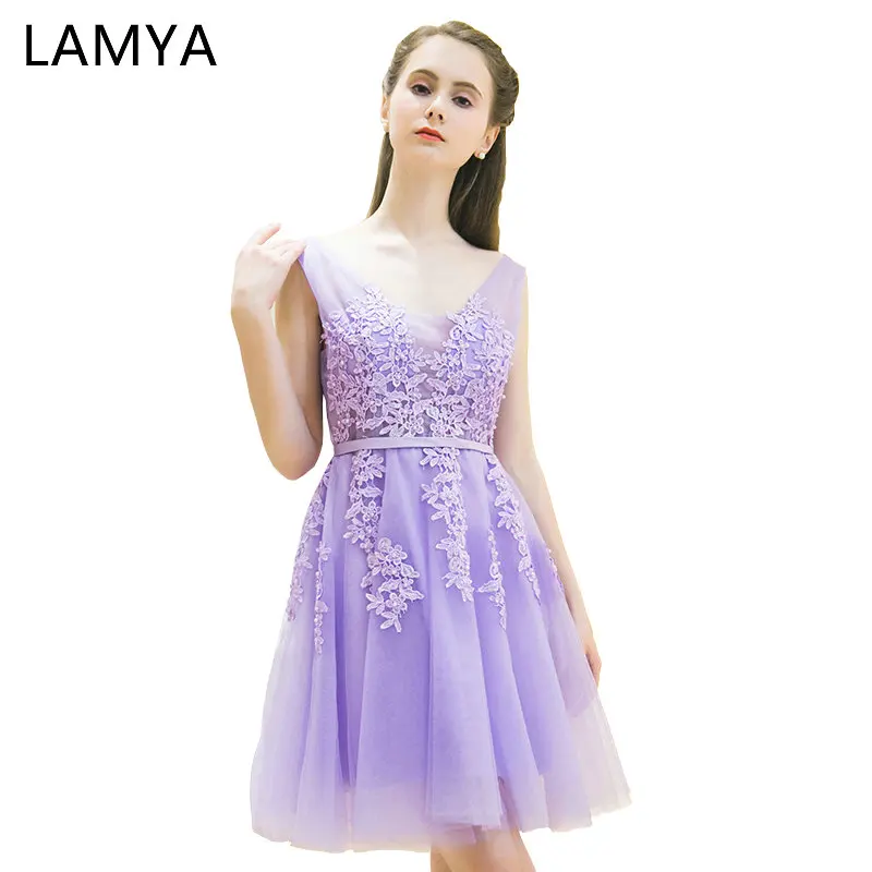 

LAMYA Sexy Lace V Neck A Line Cocktail Dresses 2019 Elegant Off The Shoulder Prom Party Dress Women Knee Length Special Occasion