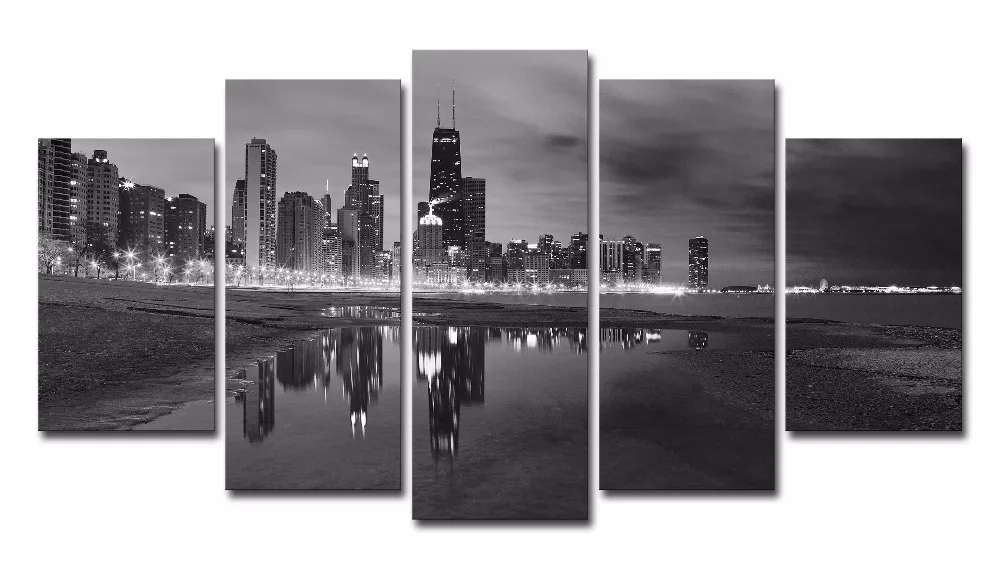 5 Panels High Quality Frame Canvas Painting Black white city night Wall