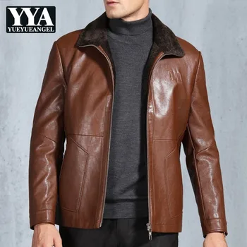 

2019 Winter Mens Fleece Lining Leather Jacket Warm Business Pu Leather Coat Lapel Collar Slim Fit Motorcycle Biker Jackets 3XL