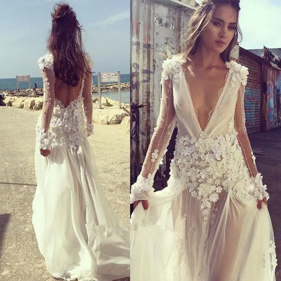 Us 98 23 53 Off Sexy Backless Boho Beach Wedding Dress 2019 V Neck Long Sleeves Appliques Lace Flowers Wedding Gown Bride Dress Bridal Gown In