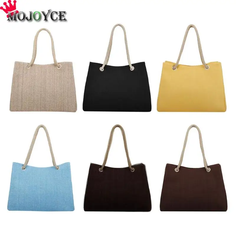 

Summer Women Simple Rope Strap Linen Shoulder Bag Big Capacity Travel Beach Shopping Casual Totes Female Handbags