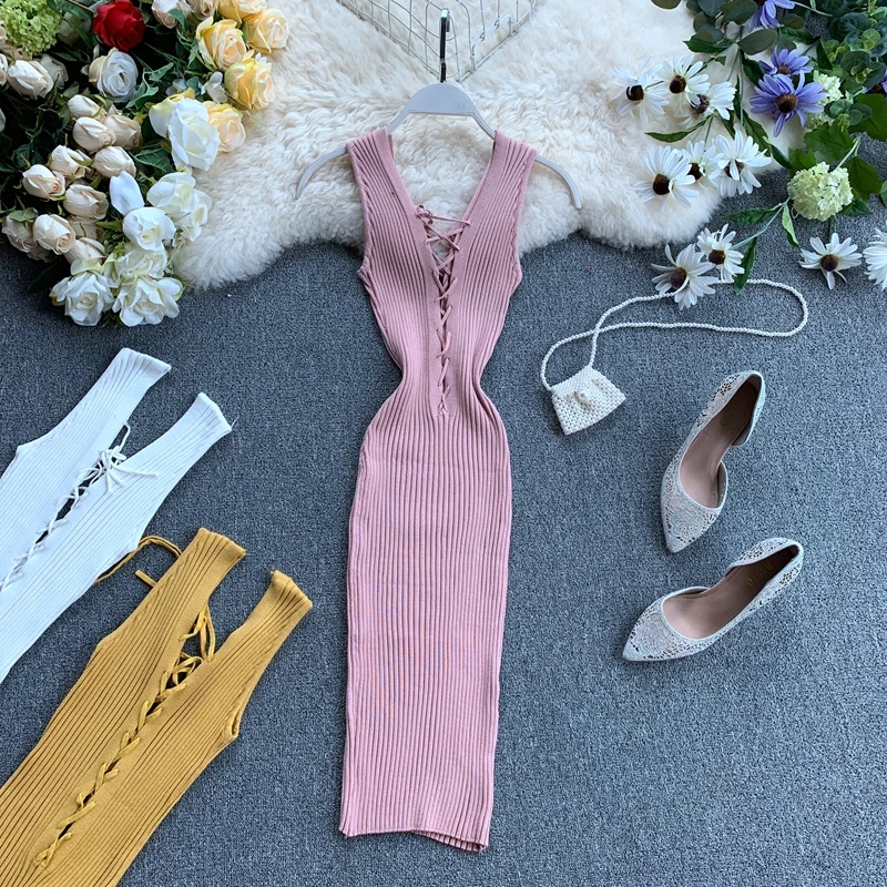 

Slim Ladies Fashion V Neck Summer Lace Up Knit Mini Short Bodycon Club Dress Party Tank Sundress Women Casual Sheath Vestidos