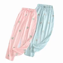 Новые весенние женские пижамные штаны в полоску с рисунком клубники, г. Газовые Хлопковые Штаны для сна с поясом, домашние брюки