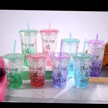

Plastic Water Bottle fruit Ice Bottle Creativity Double-Layer Cooling Plastic Gel Water Bottle Adult Student Straw Type Tour cup