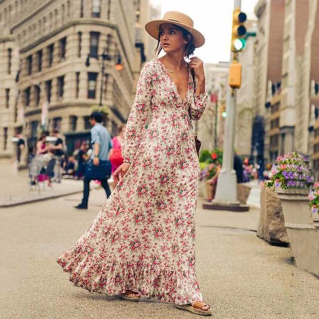 2018 Bohemian Printed long Dress Women Floral Printed Maxi Dresses Hippe Deep V-Neck Ruffle Dress Chic Boho Clothing Rome Femme
