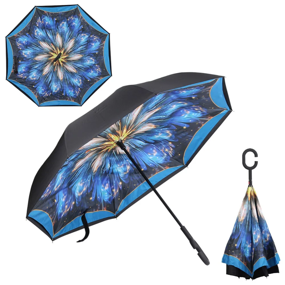 

Cozzy Special Design Double Layer Inverted Umbrella Reverse Rainy Sunny with C-shaped Hands Long Handle Self Standing Inside Out