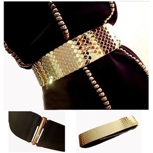 4.5cm Wide Elastic Black Belt Women Gold Belt Metal Fish Skin Keeper Brand Belts for Women