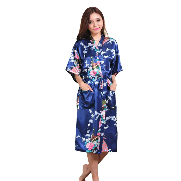 Модные золотые Для женщин Silk район Ночное Sexy кимоно Robe платье цветок Pijama feminino oversize размеры S M L XL XXL, XXXL s001-i - Цвет: Navy Blue