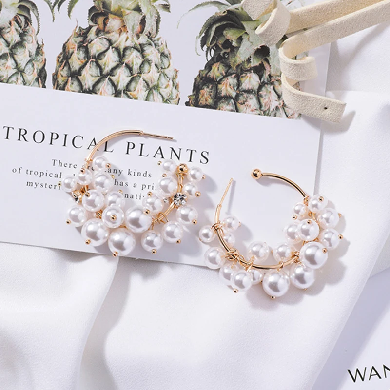 

2019 Europe and America New Fashion Simple Size Pearl Rhinestone Hoop Earrings Sweet Grape String Earringfor Women Charm Jewelry