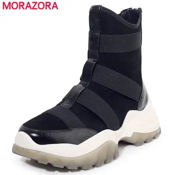 

MORAZORA 2020 sneakers women ankle boots genuine leather +flock round toe autumn winter boots zip flat platform shoes ladies