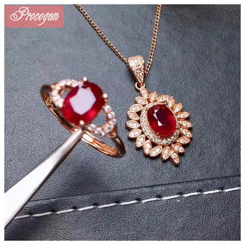 

Natural Ruby jewelry sets for women Bride gift Precious fine Jewelry Flower Necklace Ring 925 Sterling silver 18K Plated #177